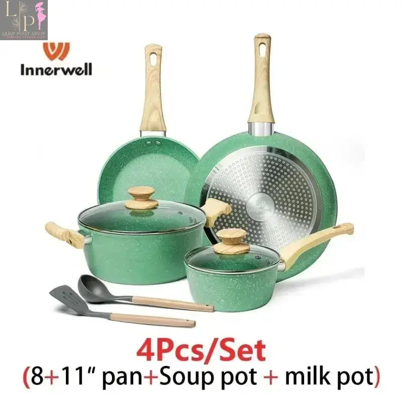 8-piece Lamp Post nonstick cookware set with glass lids and Bakelite handles, ideal for versatile kitchen cooking.