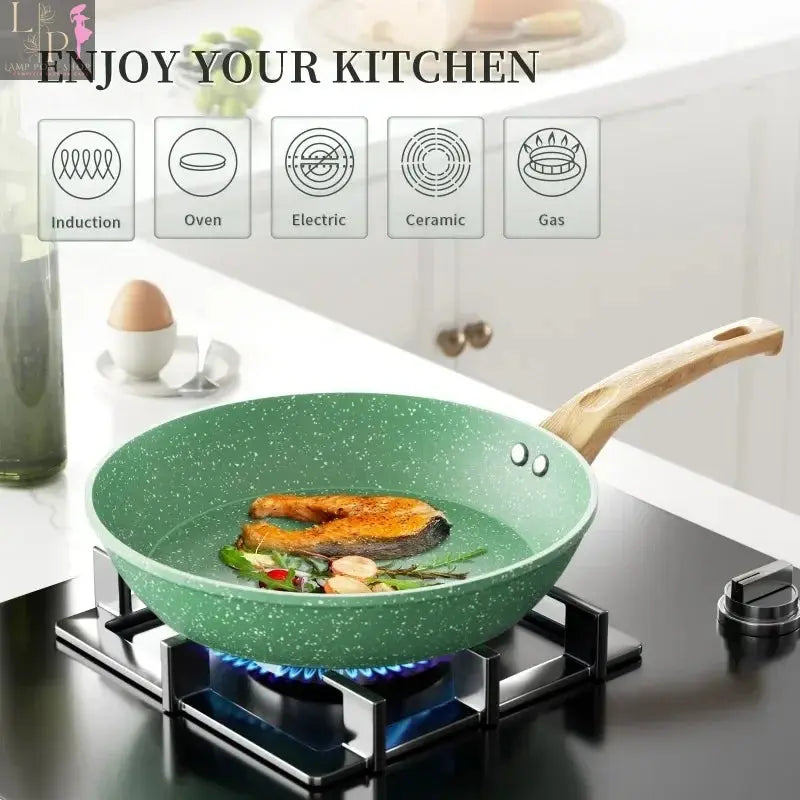 Lamp Post 8-piece nonstick cookware set with lids, includes frying pan, stockpot, and milk pot, in pink kitchen appliances collection.