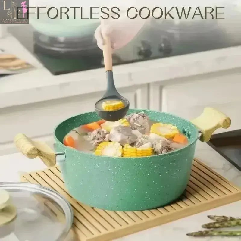 Lamp Post 8-piece nonstick cookware set with lids, including frying pan, stockpot, and milk pot, in pink color.