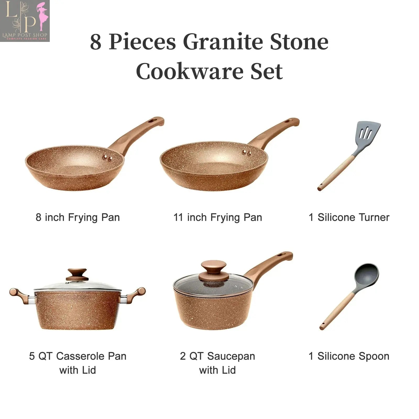 Lamp Post 8-piece nonstick cookware set with lids including frying pan, stockpot, and milk pot, displayed in pink.