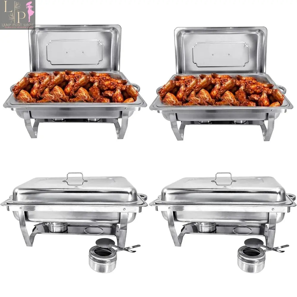 Lamp Post PRIJESSE Chafing Dish Buffet Set with four 8QT silver servers and warmers for kitchen catering and buffet service.