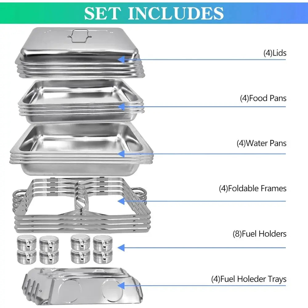 Lamp Post PRIJESSE chafing dish buffet set with four 8QT silver servers and warmers for kitchen buffet service.