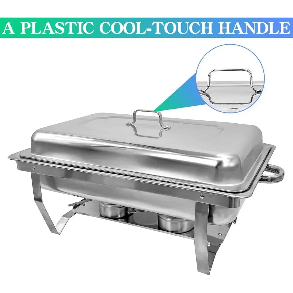 Lamp Post PRIJESSE Chafing Dish Buffet Set 4-pack with 8QT silver buffet servers and warmers for kitchen and catering use.