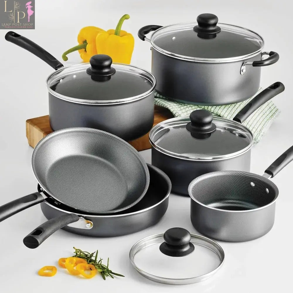 Lamp Post 10-piece pots and pans set for kitchen accessories, includes various cookware in a stylish kitchen display.