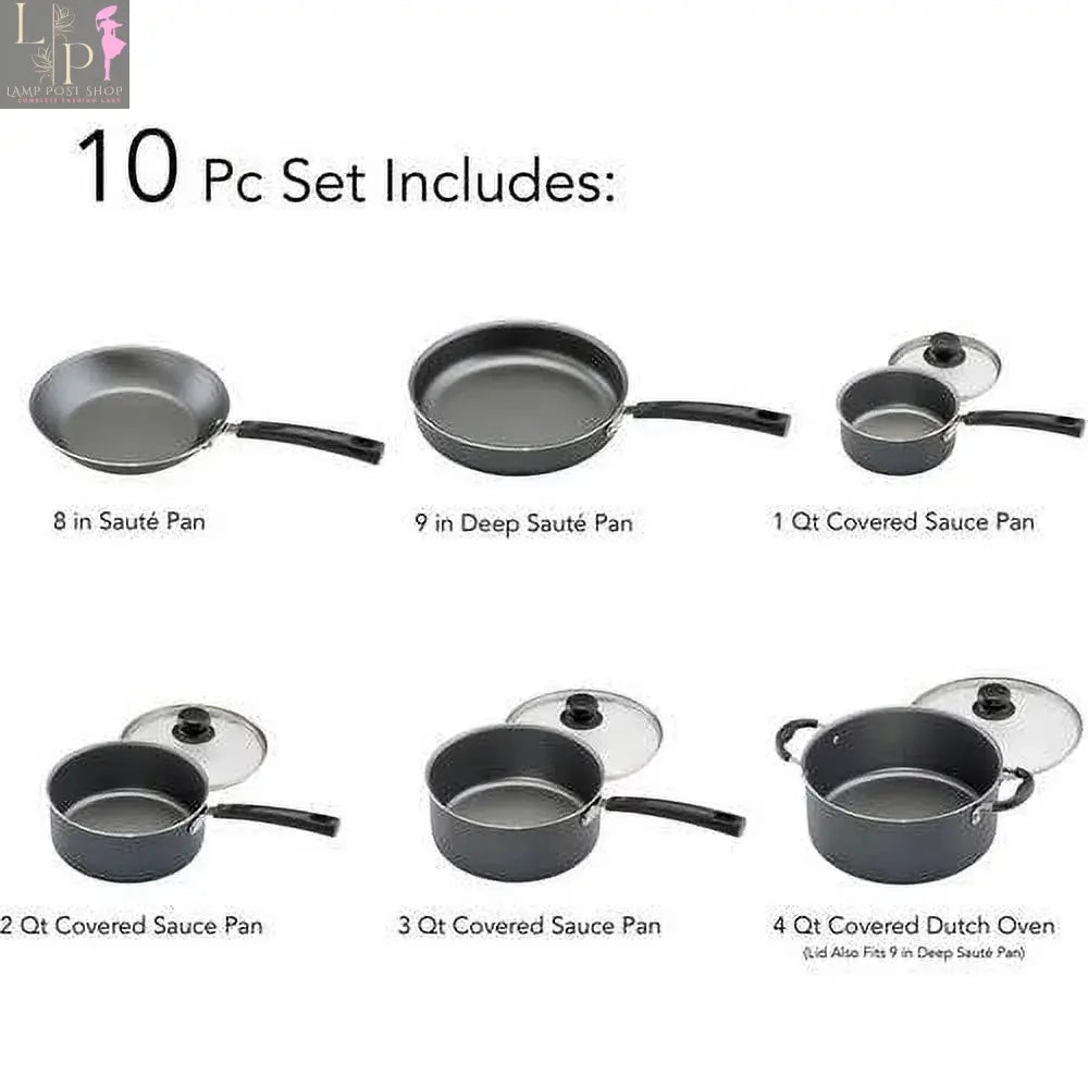 10-piece Lamp Post kitchen pots and pans set with stainless steel cookware for versatile cooking and kitchen accessories.