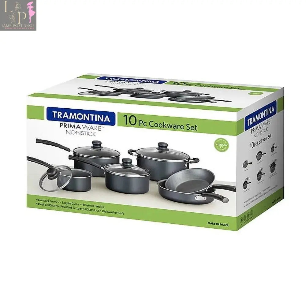 Set of 10 Lamp Post kitchen pots and pans, including various sizes for cooking and kitchen accessories, arranged in a neat display.