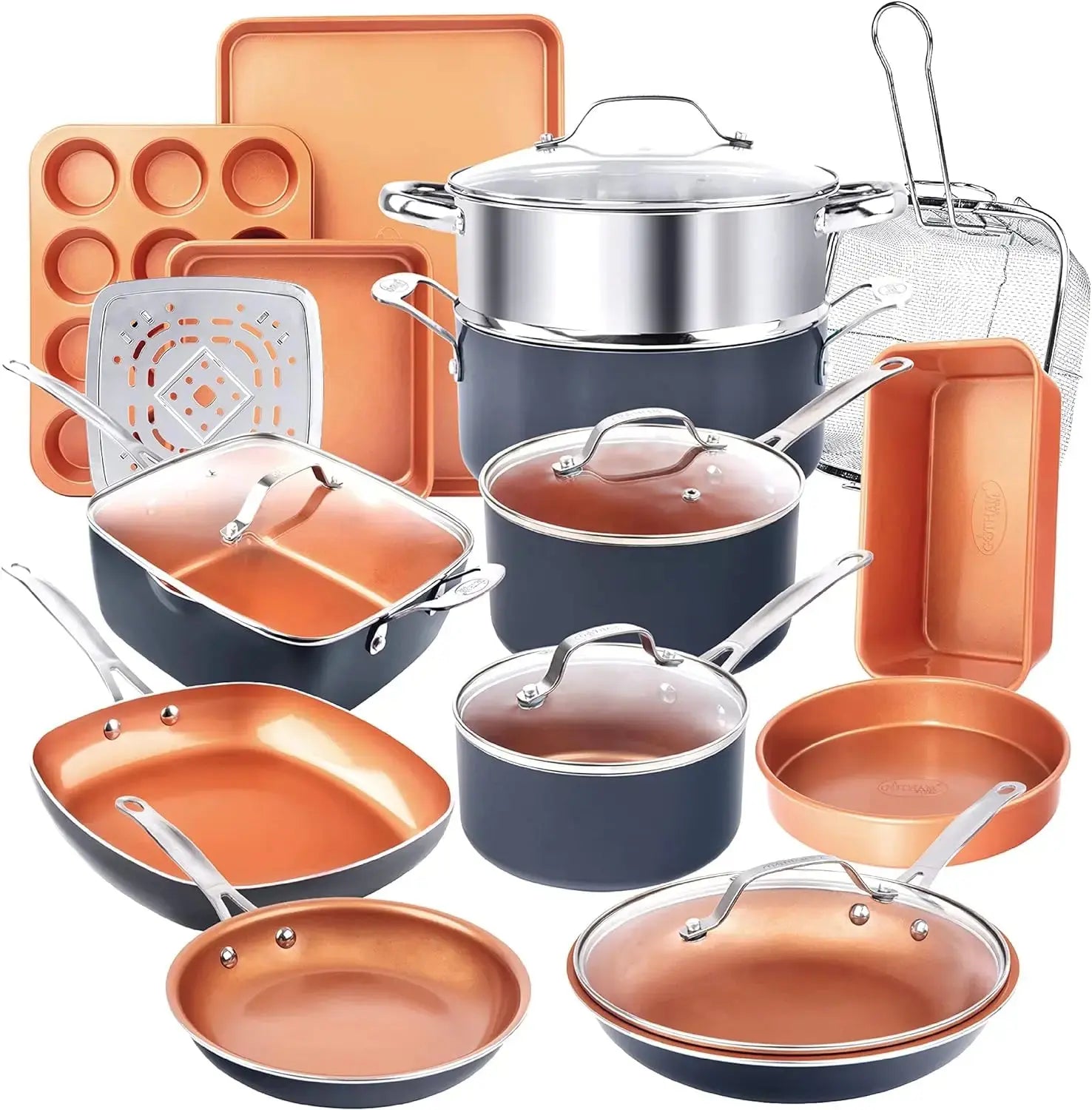 Lamp Post ceramic pots and pans set with nonstick coating and lids, ideal for versatile kitchen baking and cooking.