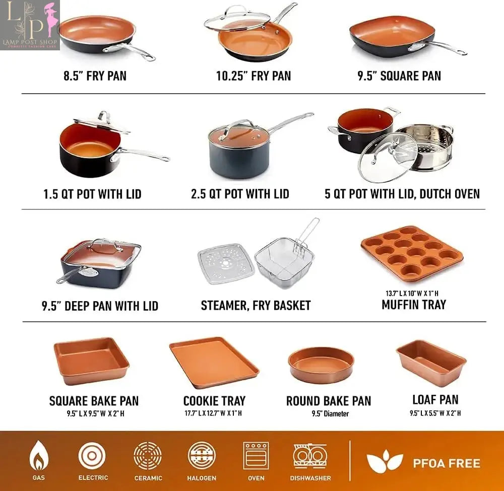 Lamp Post ceramic pots and pans set with nonstick coating, including lids, perfect for versatile kitchen cooking and baking.