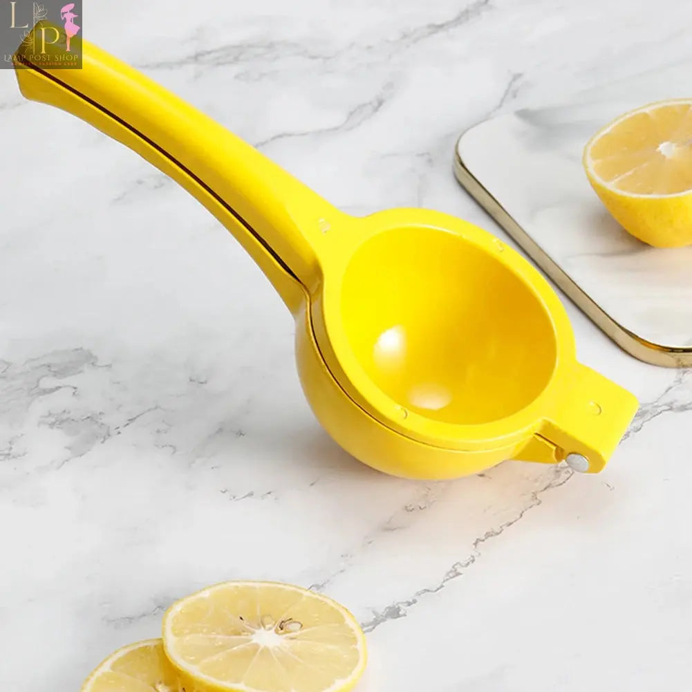 Yellow aluminum alloy Lemon Squeezer by Lamp Post, hand-pressed citrus juicer for fresh lemon and citrus fruit extraction.