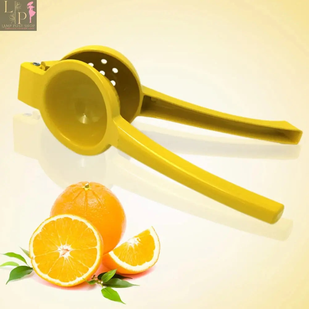 Yellow aluminum alloy hand pressed lemon squeezer for citrus fruits, kitchen appliance from Lamp Post.