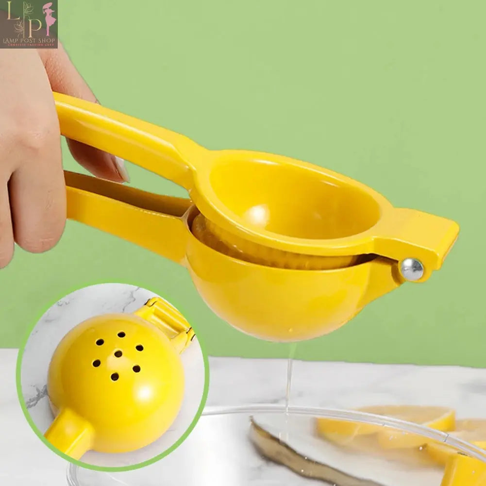 Yellow aluminum alloy hand-pressed lemon squeezer from Lamp Post, designed for citrus fruits, kitchen appliance for juice extraction.
