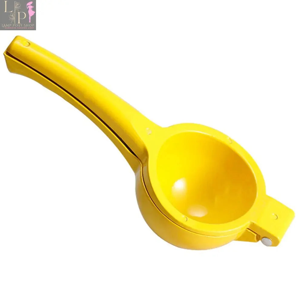 Lamp Post aluminum hand-pressed lemon squeezer for citrus fruits, kitchen juicer appliance with yellow handle and aluminum alloy construction.