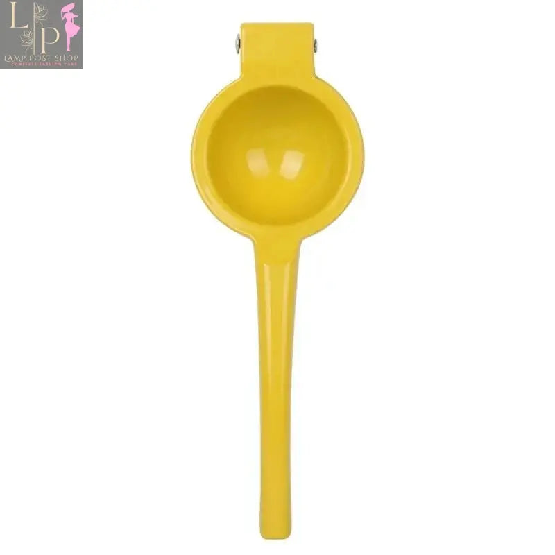 Yellow aluminum alloy hand-pressed lemon squeezer for citrus fruits, kitchen appliance by Lamp Post.