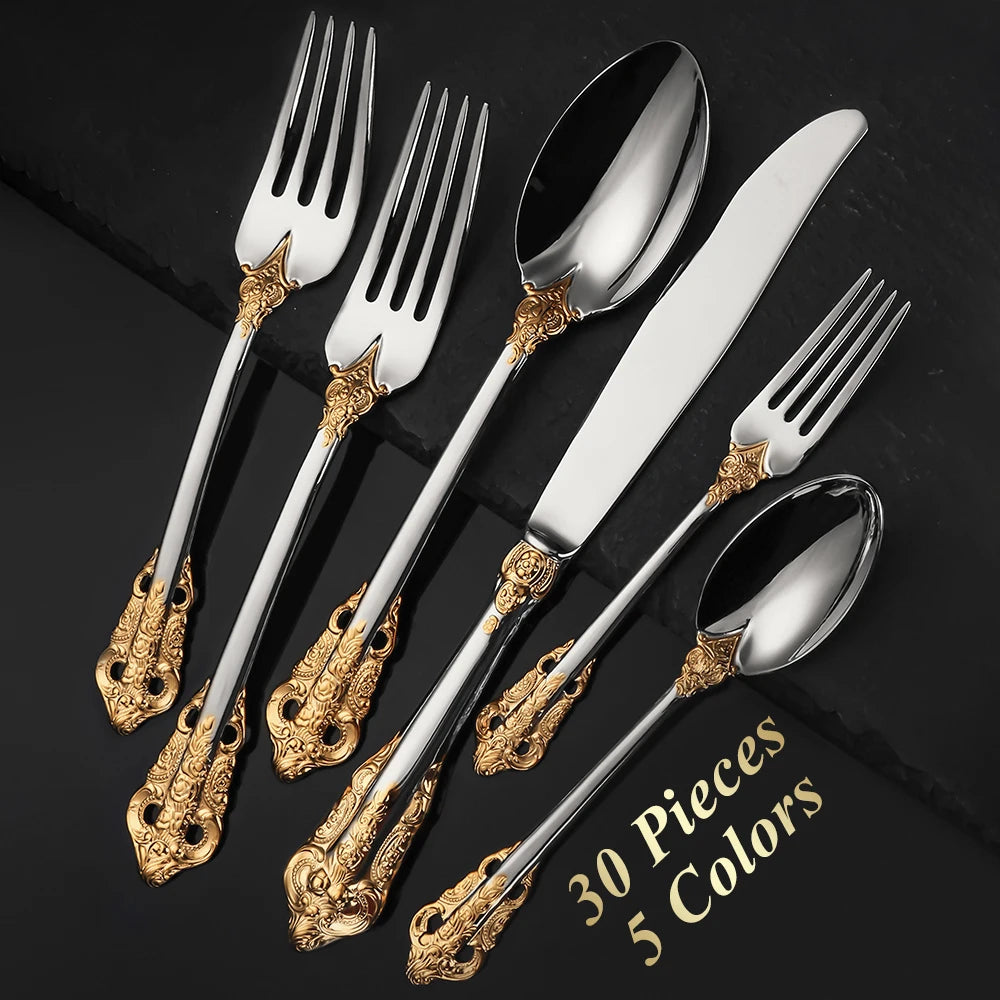 Colorful stainless steel spoon, fork, and knife set by Lamp Post, 30-piece kitchen dishware cutlery collection with vibrant handles.