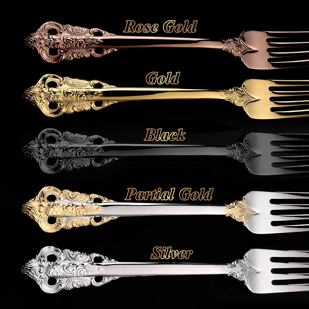 Colorful stainless steel spoon, fork, and knife set from Lamp Post, 30-piece kitchen dishware cutlery collection.