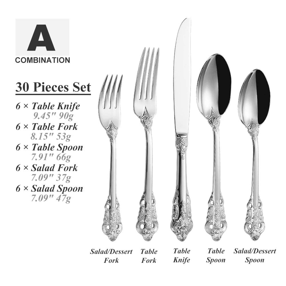 Lamp Post 30-piece stainless steel cutlery set with colorful spoons, forks, and knives for kitchen dishware.