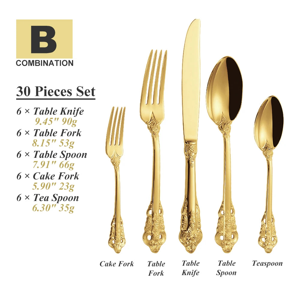 Lamp Post 30-piece stainless steel cutlery set with colorful spoons, forks, and knives for kitchen dishware.