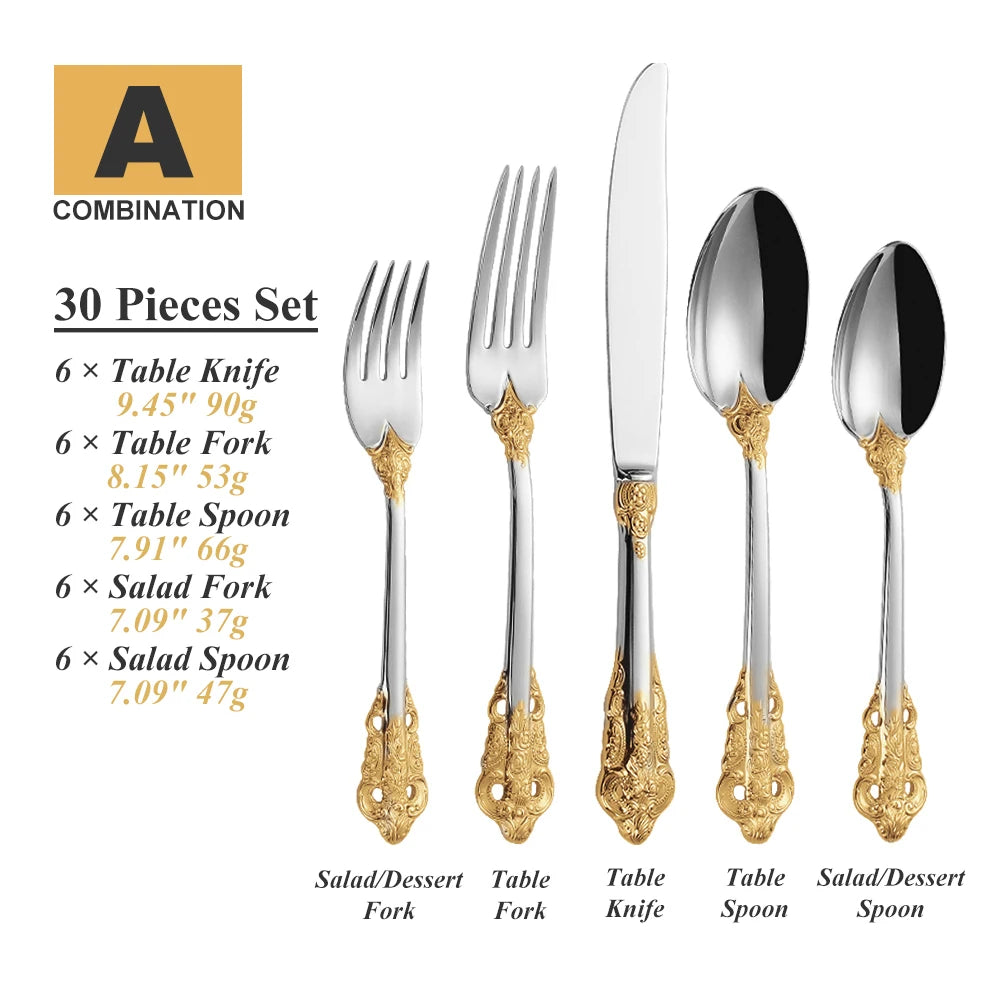 Set of 30 colorful stainless steel cutlery including spoons, forks, and knives from Lamp Post for kitchen dishware use.