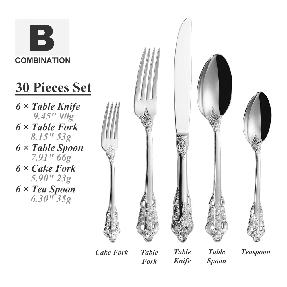 30-piece stainless steel cutlery set with colorful spoons, forks, and knives from Lamp Post for kitchen dishware.