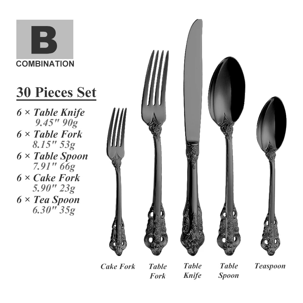 Lamp Post 30-piece stainless steel cutlery set with colorful spoons, forks, and knives for kitchen dishware.