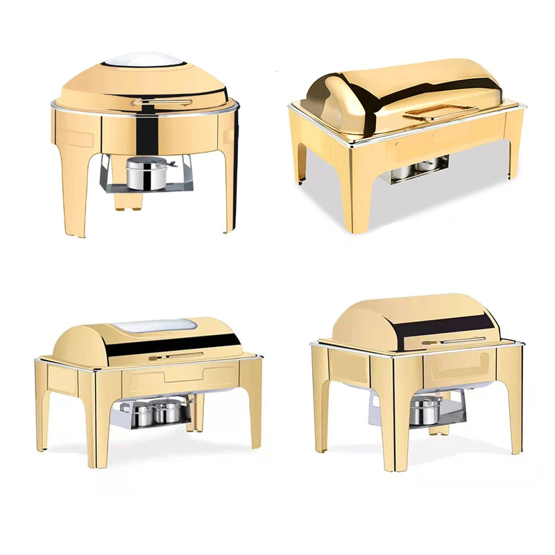 Lamp Post party catering buffet set with glass food warmer chafing dishes for kitchen dishware and event serving.