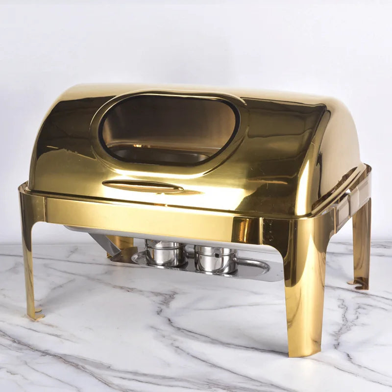 Lamp Post buffet set with food warmer chafing dishes for party catering, featuring glass kitchen dishware and serving trays.