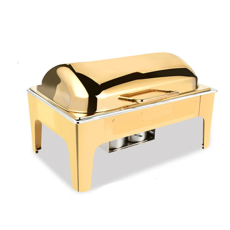 Lamp Post party catering buffet set with glass food warmers and chafing dishes for professional kitchen and event use.