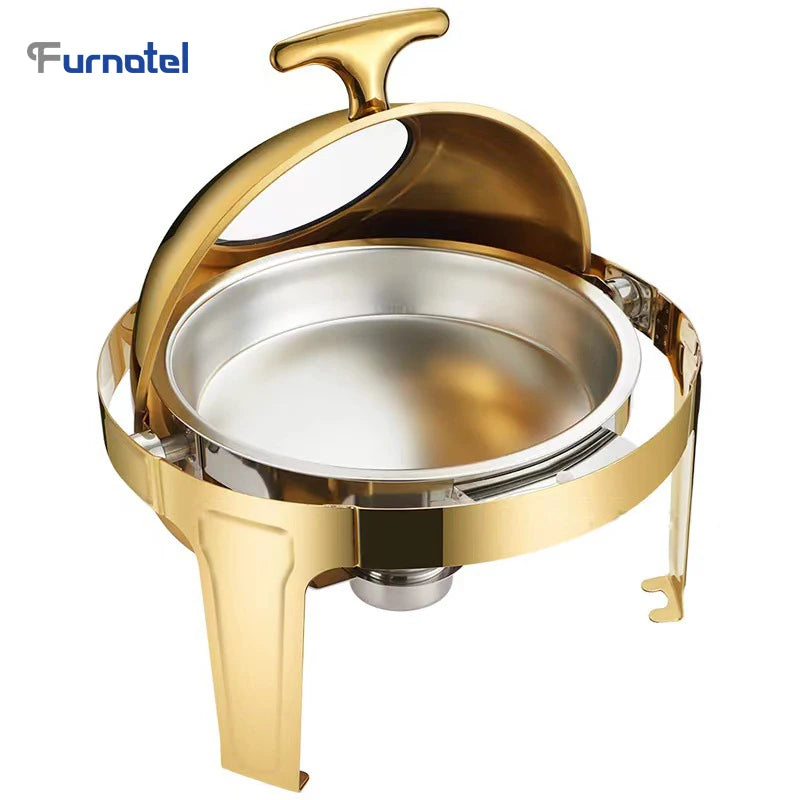 Lamp Post party catering buffet set with glass food warmers and chafing dishes for professional kitchen or event catering.