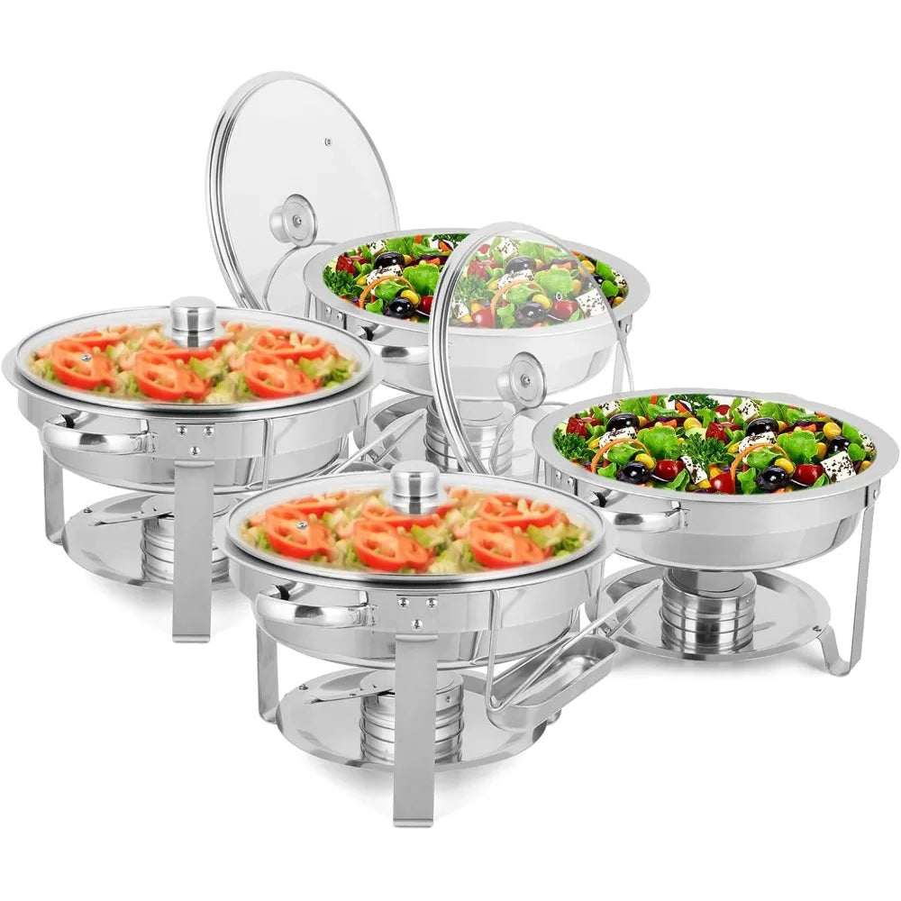 Set of four 5-quart stainless steel round chafing dishes for catering, designed for buffet service and professional kitchen use.