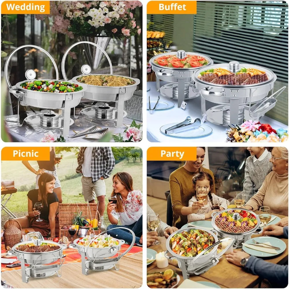Set of four stainless steel 5-quart round chafing dishes from Lamp Post, ideal for catering and buffet service.