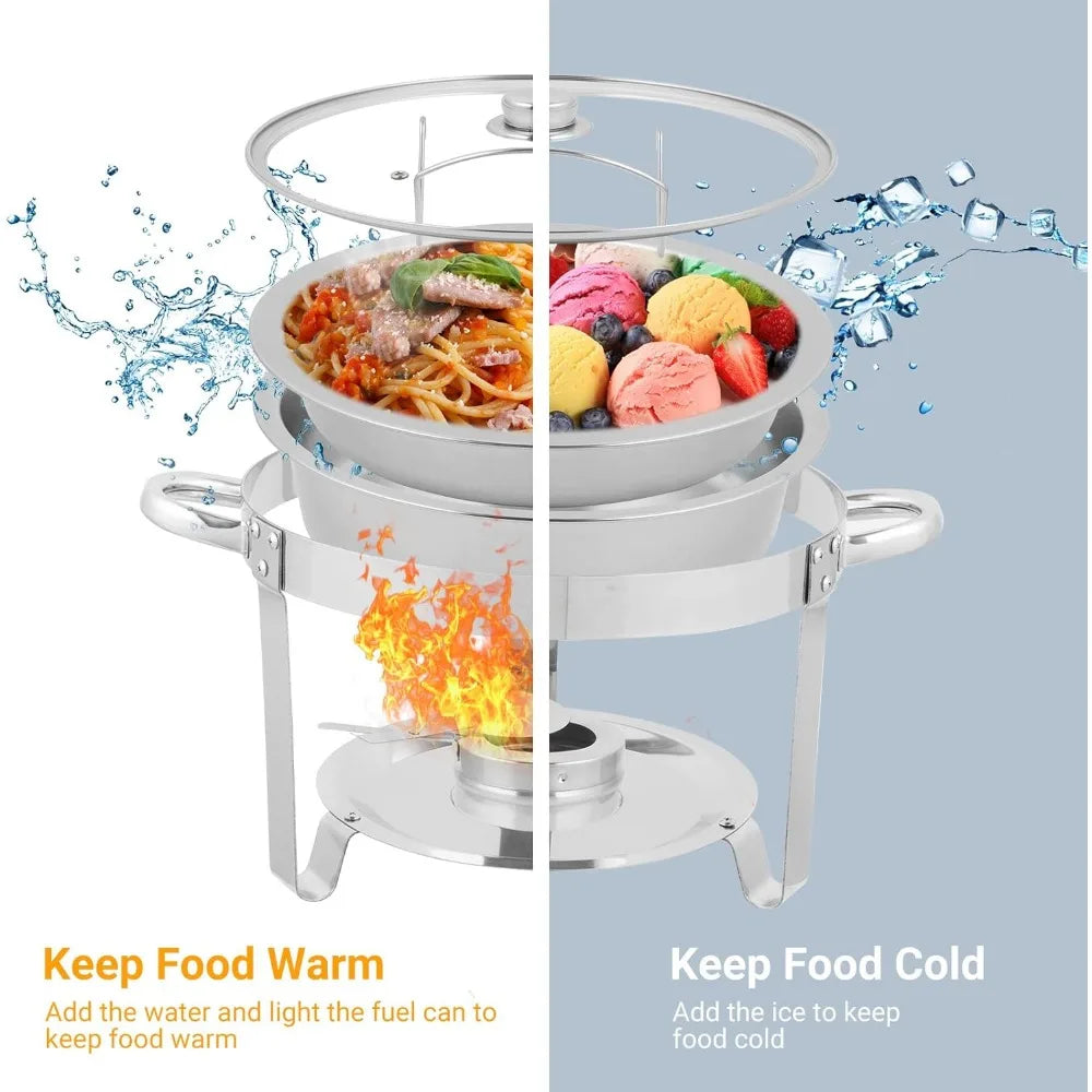 Stainless steel 5-quart chafing dish buffet set by Lamp Post, includes four round catering chafers for kitchen and buffet use.