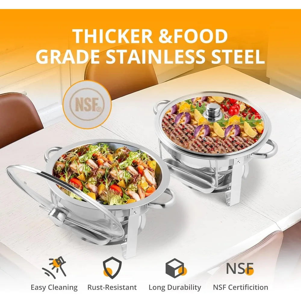 Set of four 5-quart stainless steel chafing dishes from Lamp Post, round buffet set for catering and food presentation.