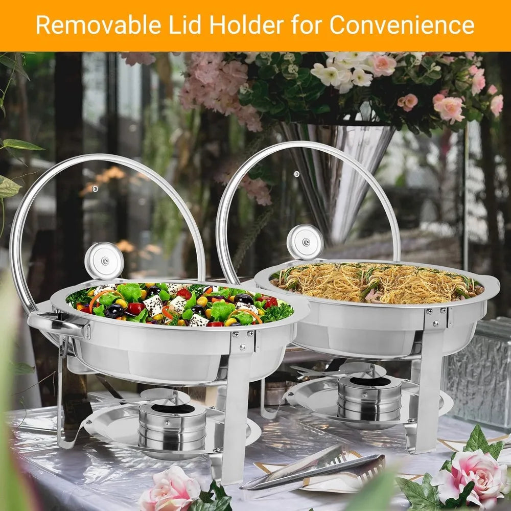 Lamp Post 5Qt stainless steel chafing dish set with four round buffet chafers for catering and buffet service.