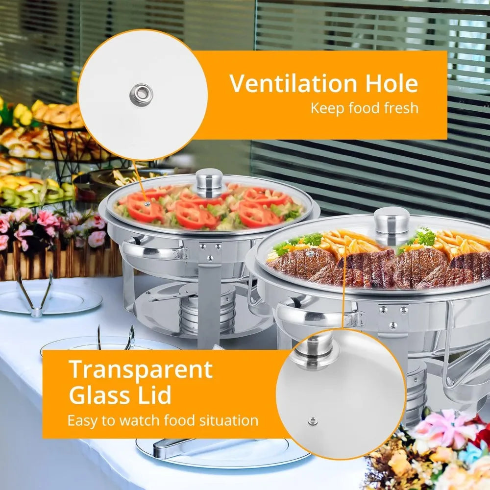 Set of four stainless steel 5-quart chafing dishes for catering, round buffet set by Lamp Post, ideal for kitchen and buffet service.