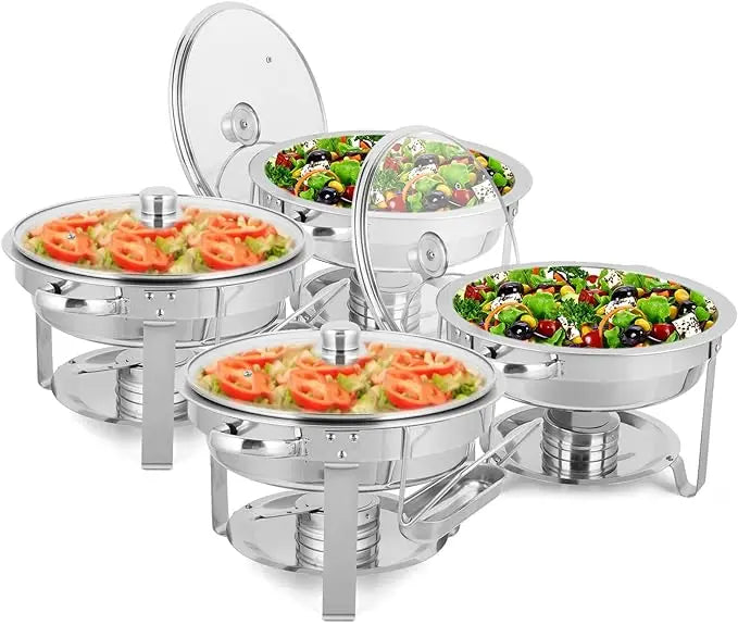 Set of four stainless steel 5-quart chafing dishes for catering, round buffet set by Lamp Post kitchen dishware.