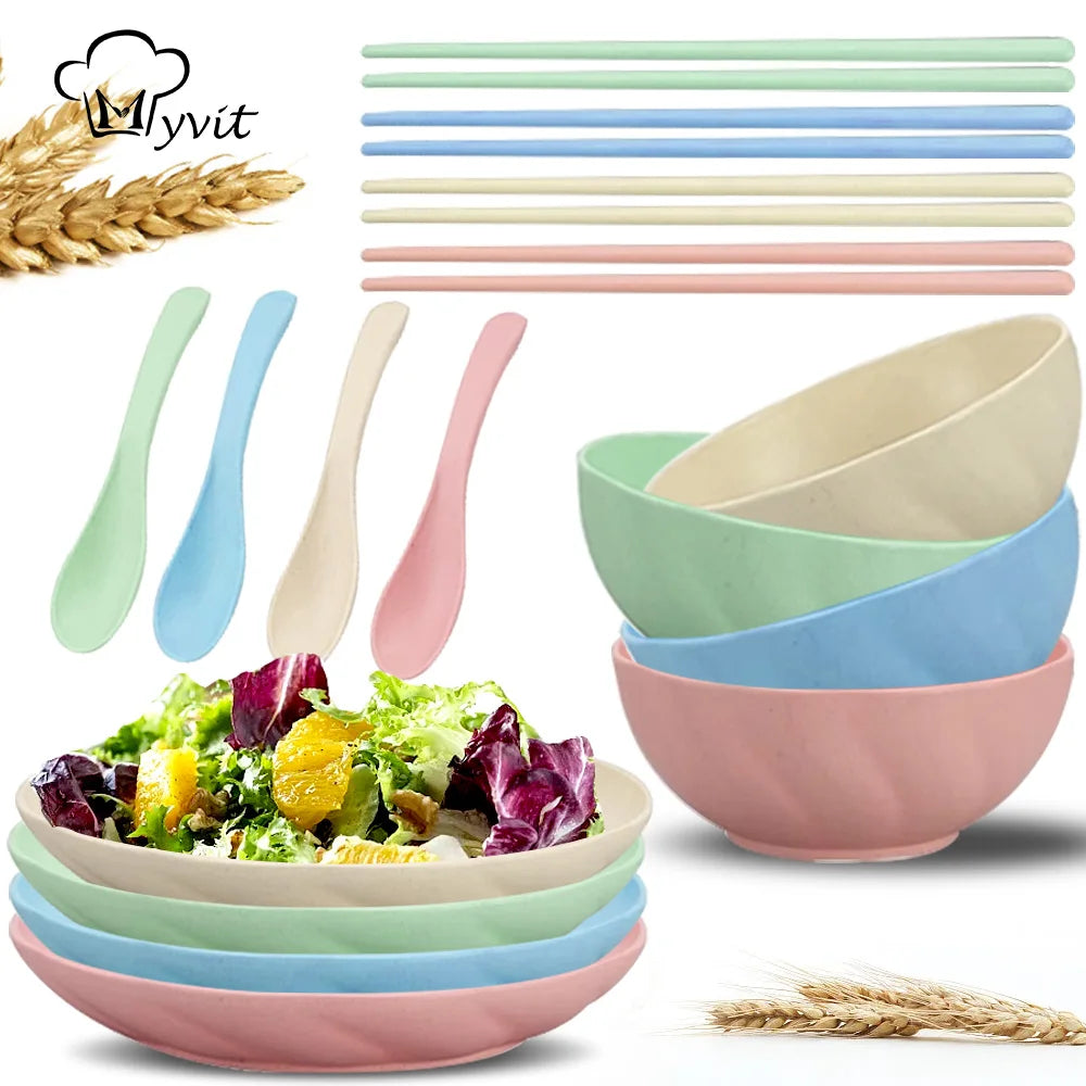 Beige ceramic ramen bowls set with matching spoons and chopsticks, full kitchen dishware by Lamp Post for authentic dining.