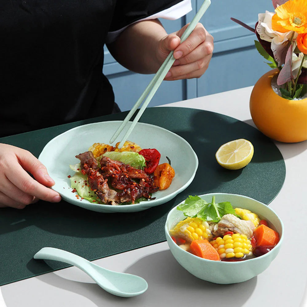 Beige ceramic ramen bowl set with matching spoons and chopsticks, full kitchen dishware tableware from Lamp Post.