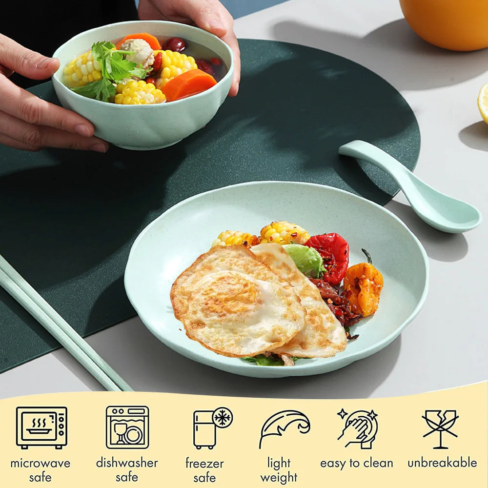 Lamp Post beige ceramic ramen bowls set with matching spoons and chopsticks, full tableware kitchen dishware for ramen and Asian cuisine.