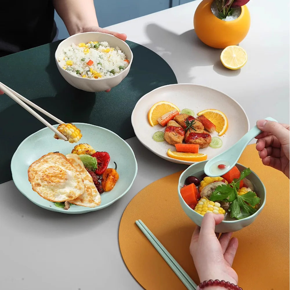 Lamp Post beige ceramic ramen bowls set with matching plates, spoons, and chopsticks for authentic Japanese-style tableware.