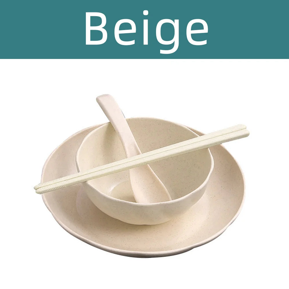 Lamp Post beige ceramic ramen bowls set with spoons and chopsticks, full kitchen dishware for ramen and Asian cuisine.