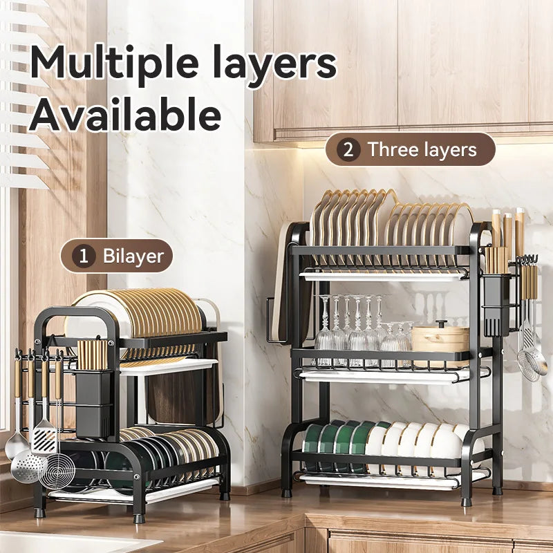 Black and gold 2-tier compact kitchen dish rack by Lamp Post, designed for efficient dishware organization.