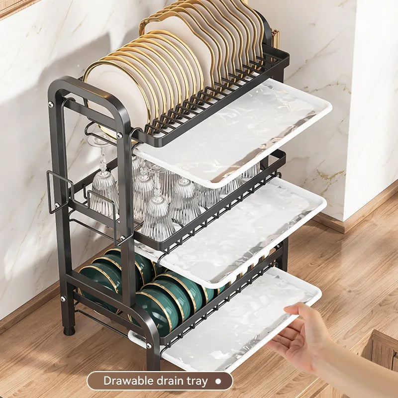 Black and gold 2-tier compact kitchen dish rack by Lamp Post, designed for organized dishware storage.