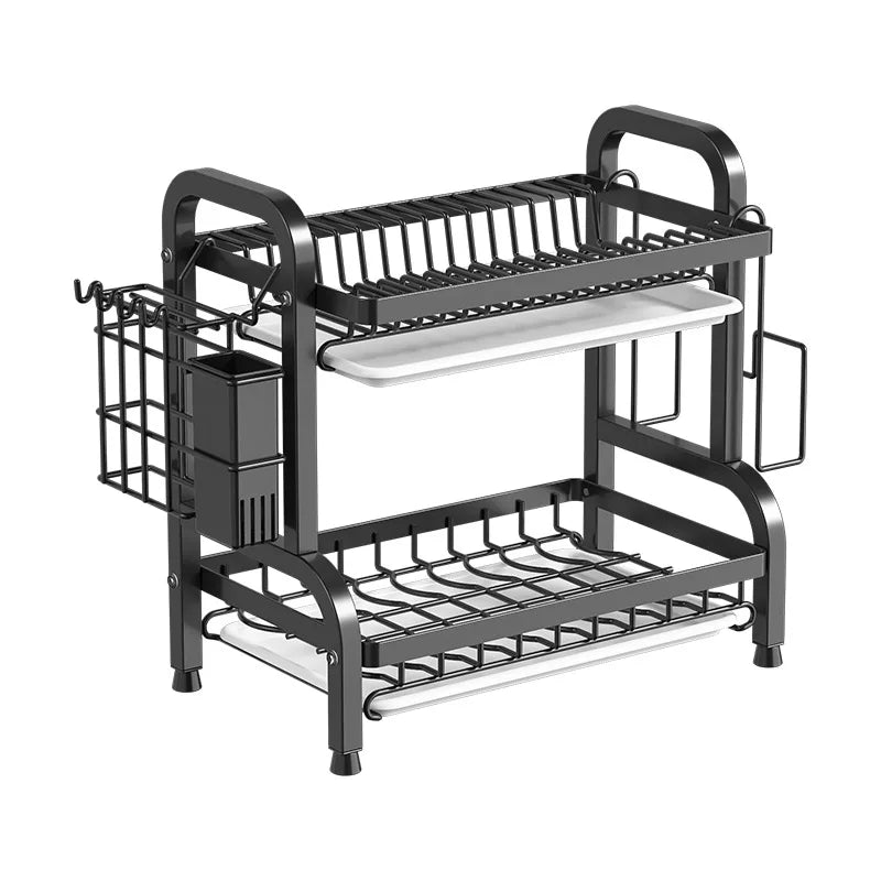 Black and gold 2-tier compact kitchen dish rack for drying and organizing dishware, with sturdy metal construction.