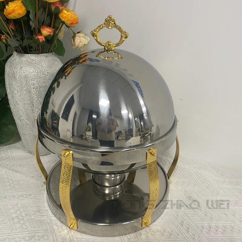Lamp Post 6.0L stainless steel round chafing dish set with full-size pan, ideal for food warming and serving in kitchen dishware.