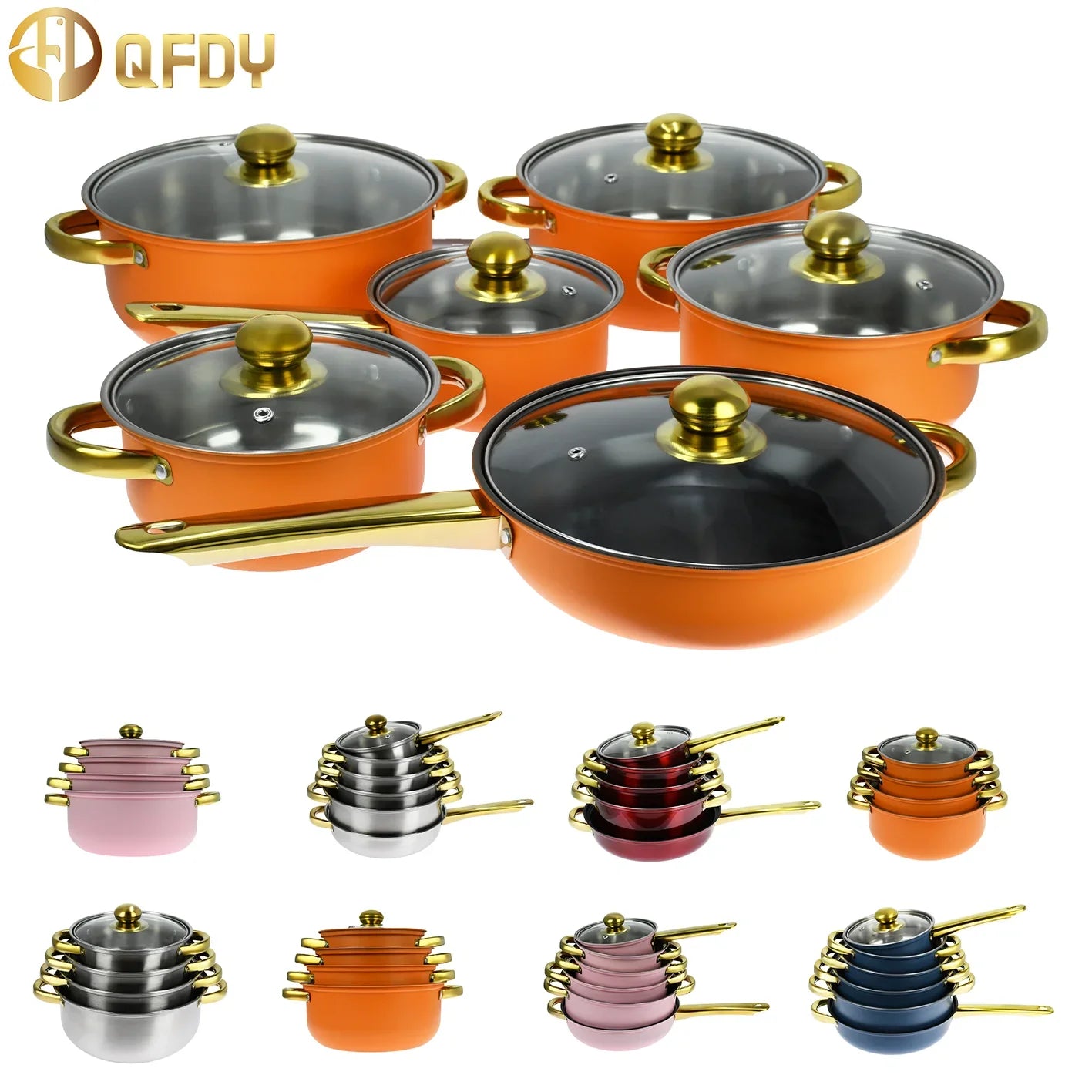 Colorful 12-piece stainless steel cookware set from Lamp Post, includes non-stick handle pots for soups and kitchen dishware.
