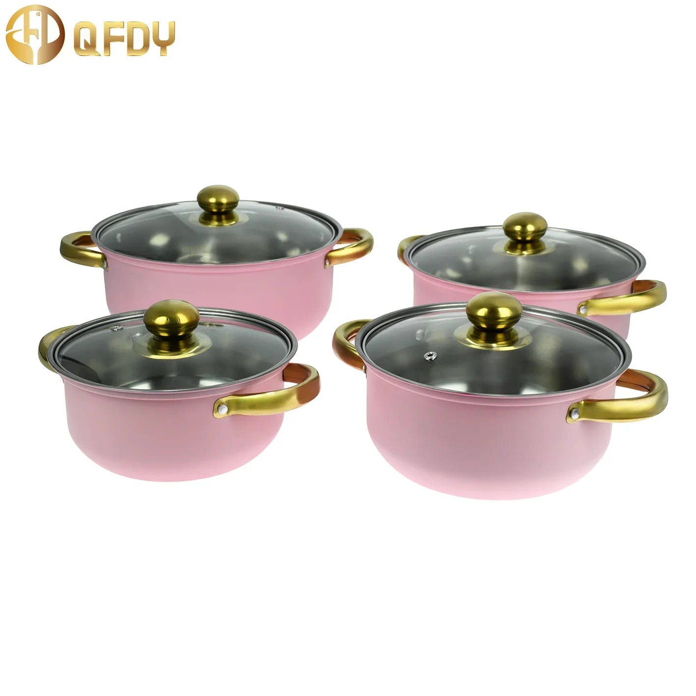 Colorful 12-piece stainless steel kitchen cookware set with non-stick handles, including soup pots and various pots by Lamp Post.
