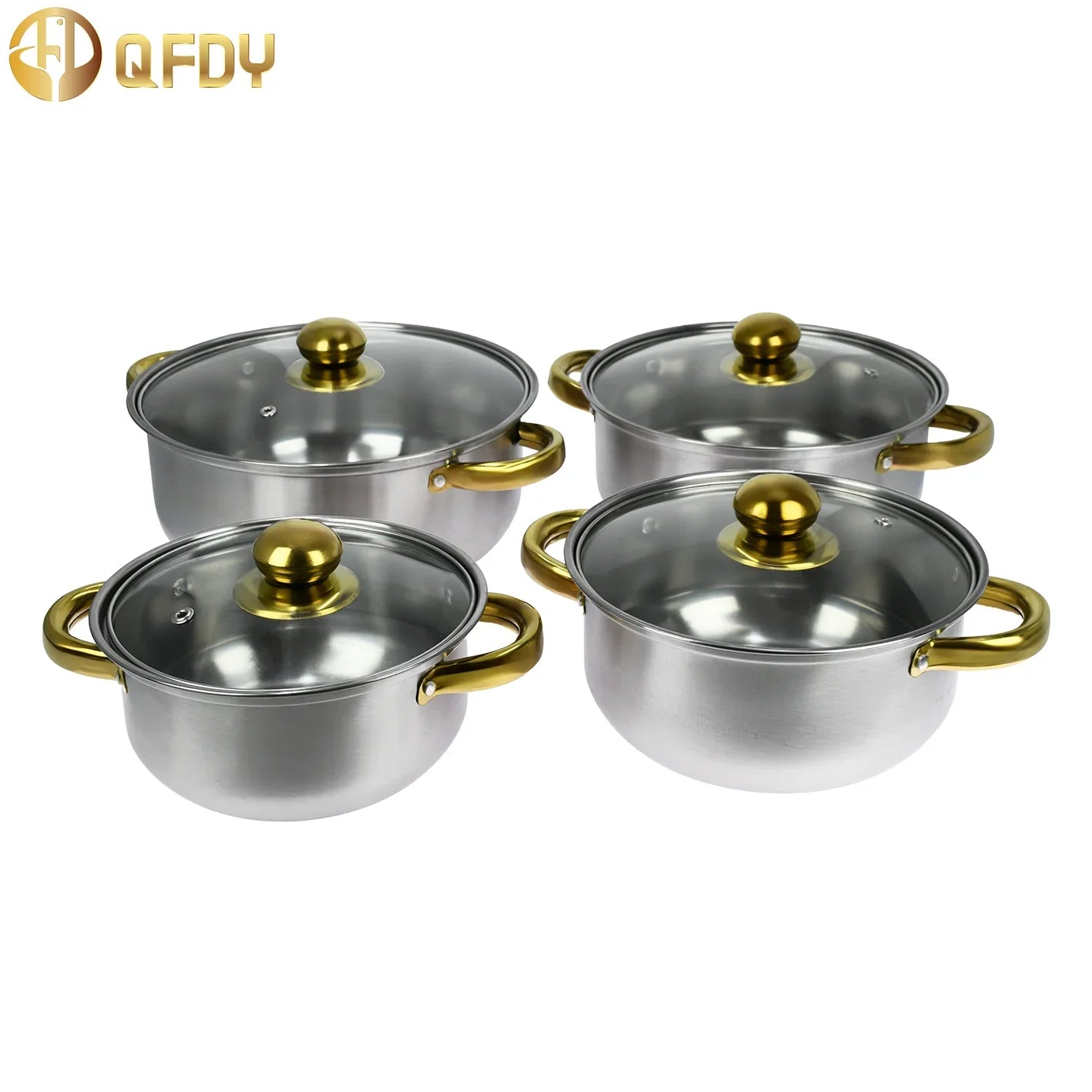 Colorful stainless steel kitchen cookware set with 12 pots and non-stick handles, including a soup pot, by Lamp Post.