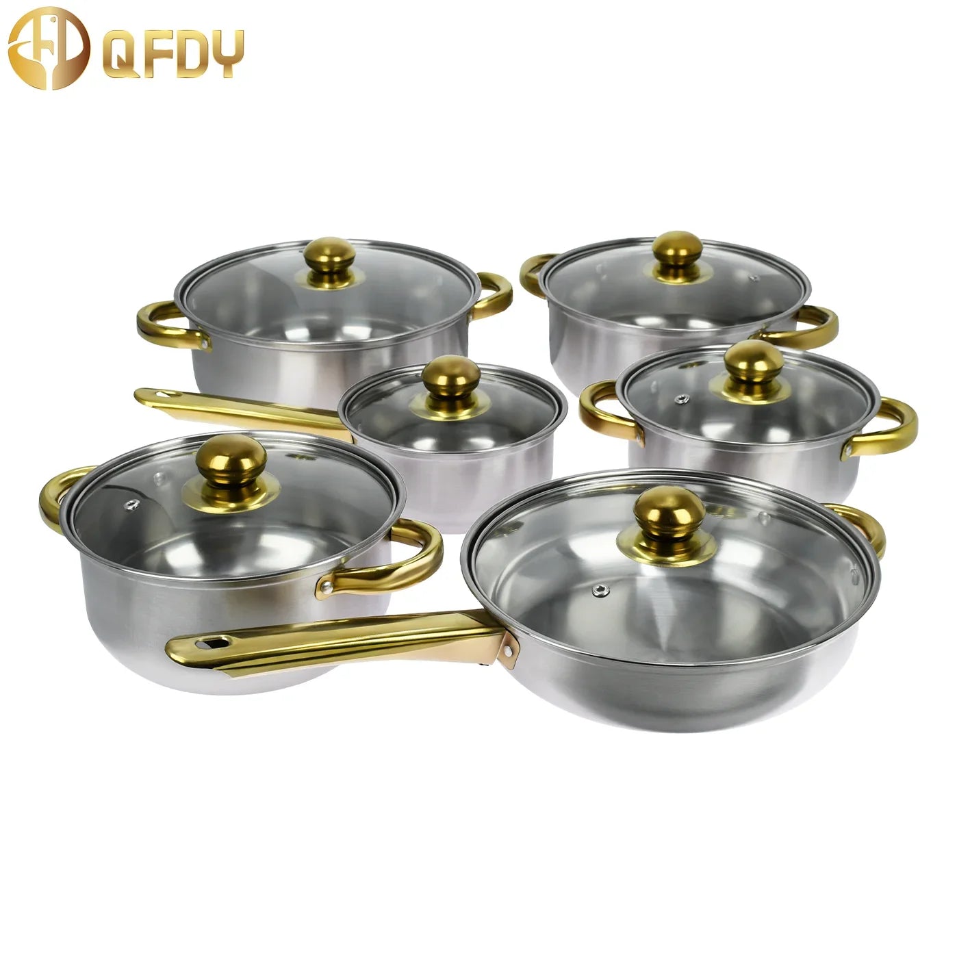 Colorful stainless steel kitchen cookware set with 12 non-stick handle pots, including soup pots, by Lamp Post.