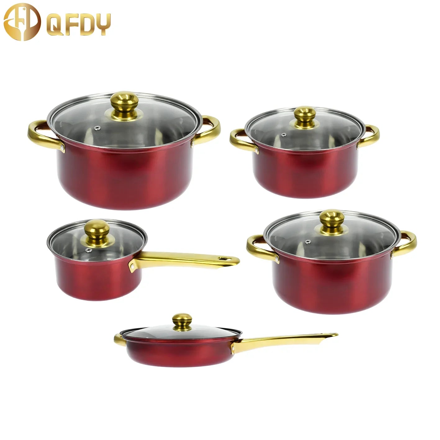 Colorful stainless steel 12-piece cookware set with non-stick handles, including soup pots, for kitchen dishware.