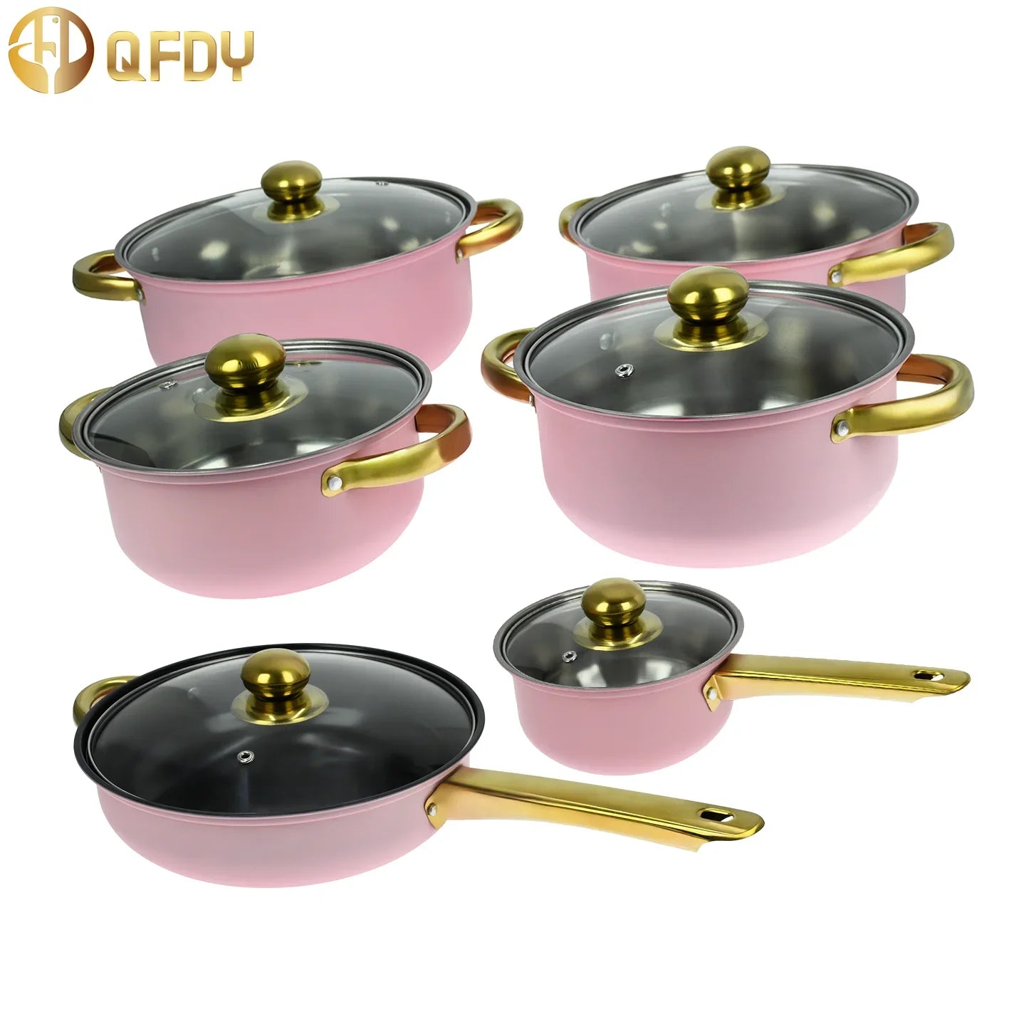 Colorful stainless steel cookware set with 12 pots and pans, including soup pot, non-stick handles, for kitchen dishware by Lamp Post.